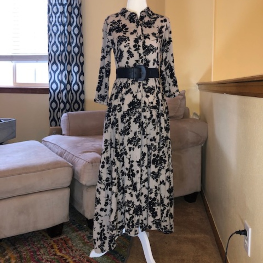 Floral Button-down Maxi Ankle Dress with Belt S XS
